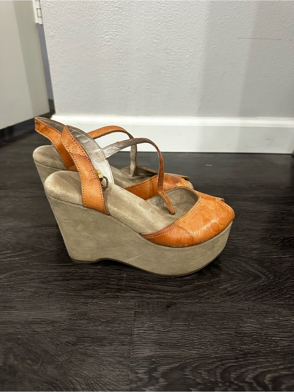 Women's Tan Leather Platform Wedge Sandals with Slingback Strap